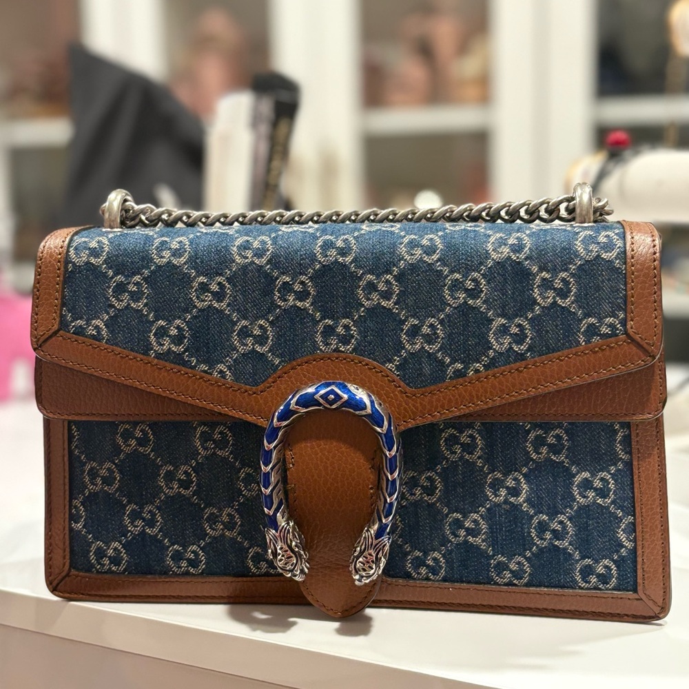 Gucci Denim Blue and Rich Brown Shoulder Bag